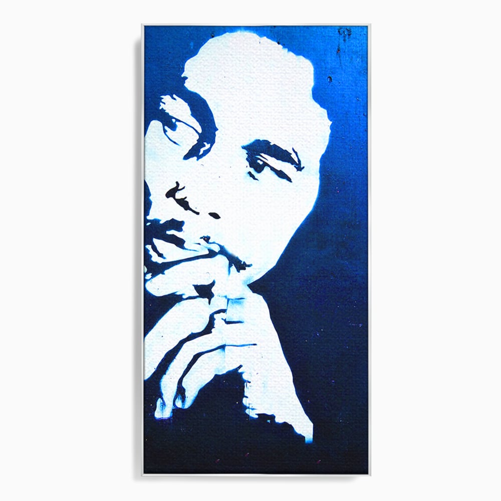 Tablou canvas cu tablou canvas cu portretul stilizat al lui bob marley, in rama de aluminiu argintiu